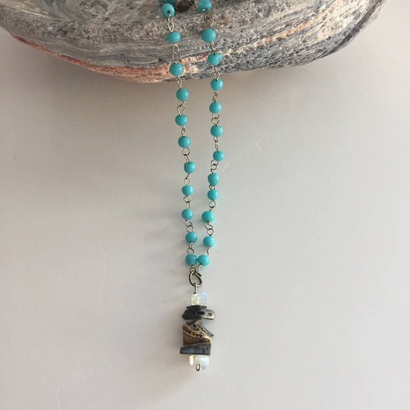 Colorful blue Y-necklace with opal and jasper gemstone pendant - faux turquoise - Picture 4 of 5